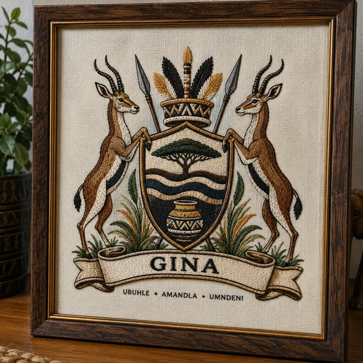 Personalised embroidered crest in warm gold and ivory